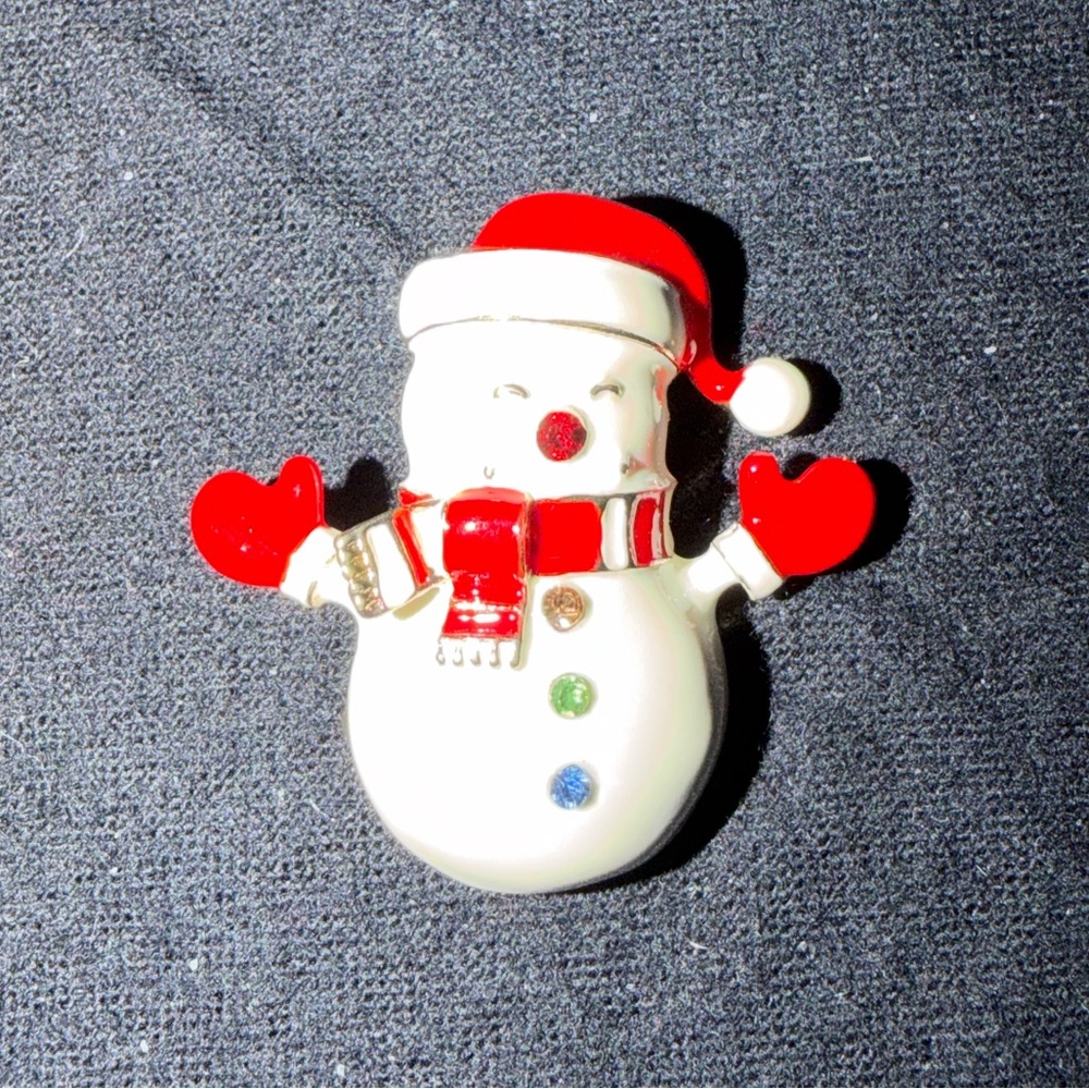 Festive Snowman Brooch with Red Accents